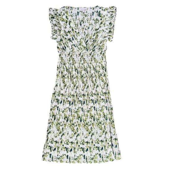 Chelsea28 Flutter Sleeve Plissé Midi Green Ivory Dress NWT Nordstrom - Large - Picture 2 of 12